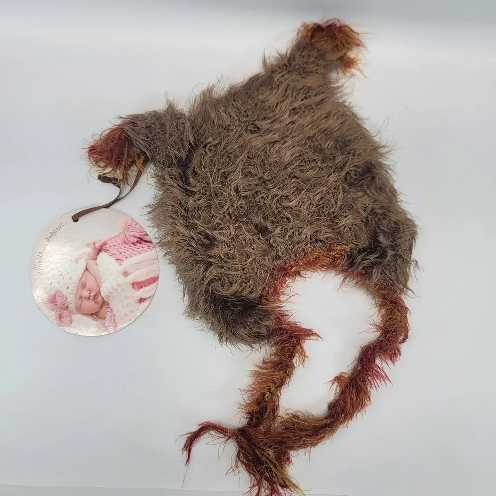 Owl Baby Hat With Tassels‎ Fuzzy Brown Crochet Eyes 0-6 months